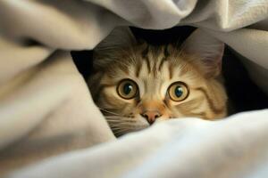 Cute tabby cat hiding under blanket on bed, closeup. Ai generated pro photo