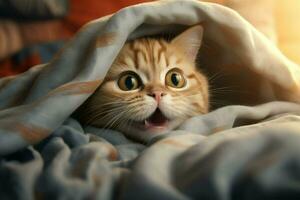 Cute tabby cat hiding under blanket on bed, closeup. Ai generated pro photo