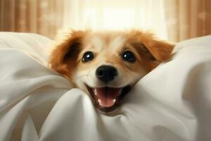 linda perro acostado debajo cobija en cama a hogar, de cerca. ai generado Pro foto
