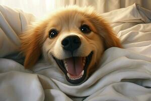 Cute dog lying under blanket on bed at home, closeup. Ai generated pro photo