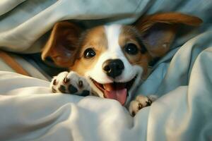 Cute dog lying under blanket on bed at home, closeup. Ai generated pro photo