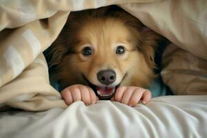 Cute dog lying under blanket on bed at home, closeup. Ai generated pro photo