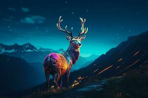 mountains at nigh, Fantasy landscape with a deer. Ai generated pro photo