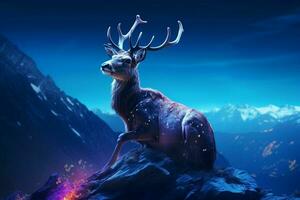 mountains at nigh, Fantasy landscape with a deer. Ai generated pro photo