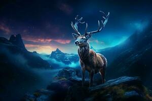 mountains at nigh, Fantasy landscape with a deer. Ai generated pro photo