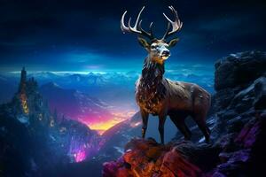 mountains at nigh, Fantasy landscape with a deer. Ai generated pro photo