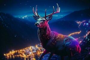 mountains at nigh, Fantasy landscape with a deer. Ai generated pro photo