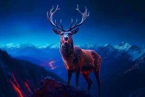 mountains at nigh, Fantasy landscape with a deer. Ai generated pro photo