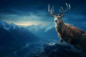 mountains at nigh, Fantasy landscape with a deer. Ai generated pro photo