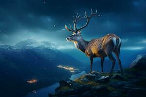 mountains at nigh, Fantasy landscape with a deer. Ai generated pro photo