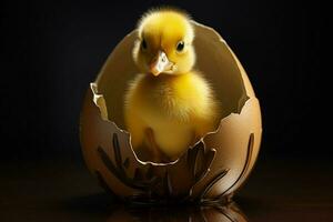 duckling in egg shell on black background, easter decoration. Ai generated pro photo