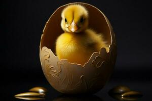 duckling in egg shell on black background, easter decoration. Ai generated pro photo