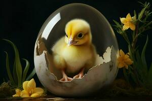 anadón en huevo cáscara en negro fondo, Pascua de Resurrección decoración. ai generado Pro foto