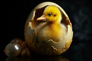 duckling in egg shell on black background, easter decoration. Ai generated pro photo