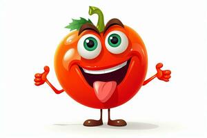 Cartoon tomato with smiley face on white background. Ai generated pro photo