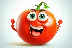 Cartoon tomato with smiley face on white background. Ai generated pro photo