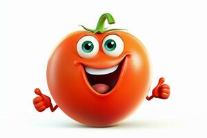 Cartoon tomato with smiley face on white background. Ai generated pro photo