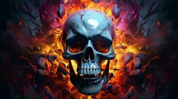 Skull in the fire. Halloween background. 3d illustration. ai generated  pro photo