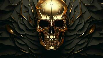 Certainly Here are some tags you can use to describe an image of a golden metallic skull on a black background, created as a 3D rendering and illustration. ai generated  pro photo