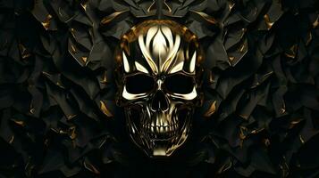 Certainly Here are some tags you can use to describe an image of a golden metallic skull on a black background, created as a 3D rendering and illustration. ai generated  pro photo