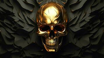 Certainly Here are some tags you can use to describe an image of a golden metallic skull on a black background, created as a 3D rendering and illustration. ai generated  pro photo