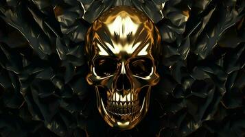 Certainly Here are some tags you can use to describe an image of a golden metallic skull on a black background, created as a 3D rendering and illustration. ai generated  pro photo