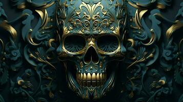 Certainly Here are some tags you can use to describe an image of a golden metallic skull on a black background, created as a 3D rendering and illustration. ai generated  pro photo