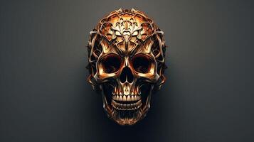 Golden metallic skull on a black background, created as a 3D rendering and illustration. ai generated  pro photo