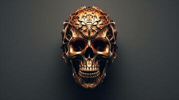 Certainly Here are some tags you can use to describe an image of a golden metallic skull on a black background, created as a 3D rendering and illustration. ai generated  pro photo