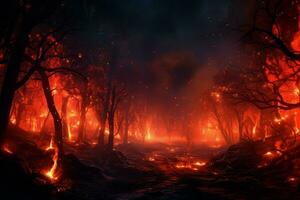 Fire in the forest, burning trees and bushes in the background. ai generated pro photo