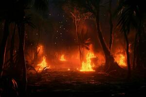 Fire in the forest, burning trees and bushes in the background. ai generated pro photo