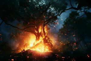 Fire in the forest, burning trees and bushes in the background. ai generated pro photo