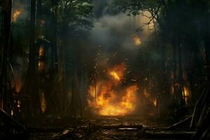 fuego en el bosque, ardiente arboles y arbustos en el antecedentes. ai generado Pro foto