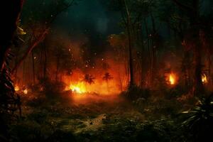 fuego en el bosque, ardiente arboles y arbustos en el antecedentes. ai generado Pro foto