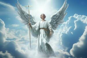 Angel on a background of clouds and blue sky. 3d rendering. ai generated pro photo