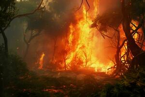 fuego en el bosque, ardiente arboles y arbustos en el antecedentes. ai generado Pro foto