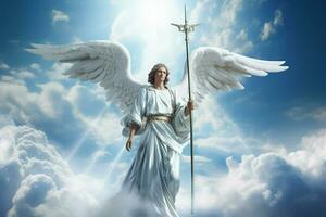 Angel on a background of clouds and blue sky. 3d rendering. ai generated pro photo