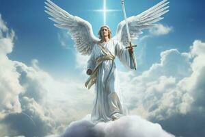 Angel on a background of clouds and blue sky. 3d rendering. ai generated pro photo