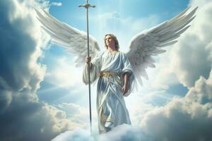 Angel on a background of clouds and blue sky. 3d rendering. ai generated pro photo