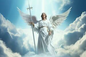 Angel on a background of clouds and blue sky. 3d rendering. ai generated pro photo