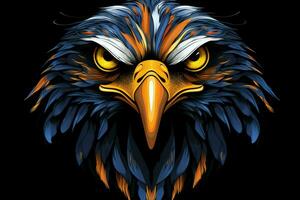 Eagle head in blue and yellow colors on a black background. ai generated pro photo