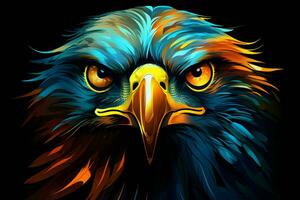 Eagle head in blue and yellow colors on a black background. ai generated pro photo