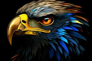 Eagle head in blue and yellow colors on a black background. ai generated pro photo