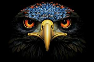 Eagle head in blue and yellow colors on a black background. ai generated pro photo