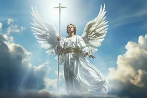 Angel on a background of clouds and blue sky. 3d rendering. ai generated pro photo