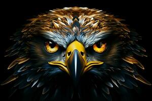 Eagle head in blue and yellow colors on a black background. ai generated pro photo