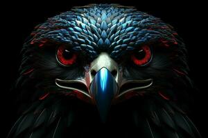 Eagle head in blue and yellow colors on a black background. ai generated pro photo