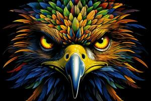 Eagle head in blue and yellow colors on a black background. ai generated pro photo