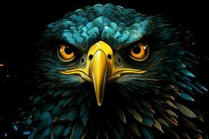 Eagle head in blue and yellow colors on a black background. ai generated pro photo