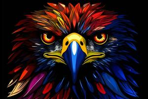 Eagle head in blue and yellow colors on a black background. ai generated pro photo